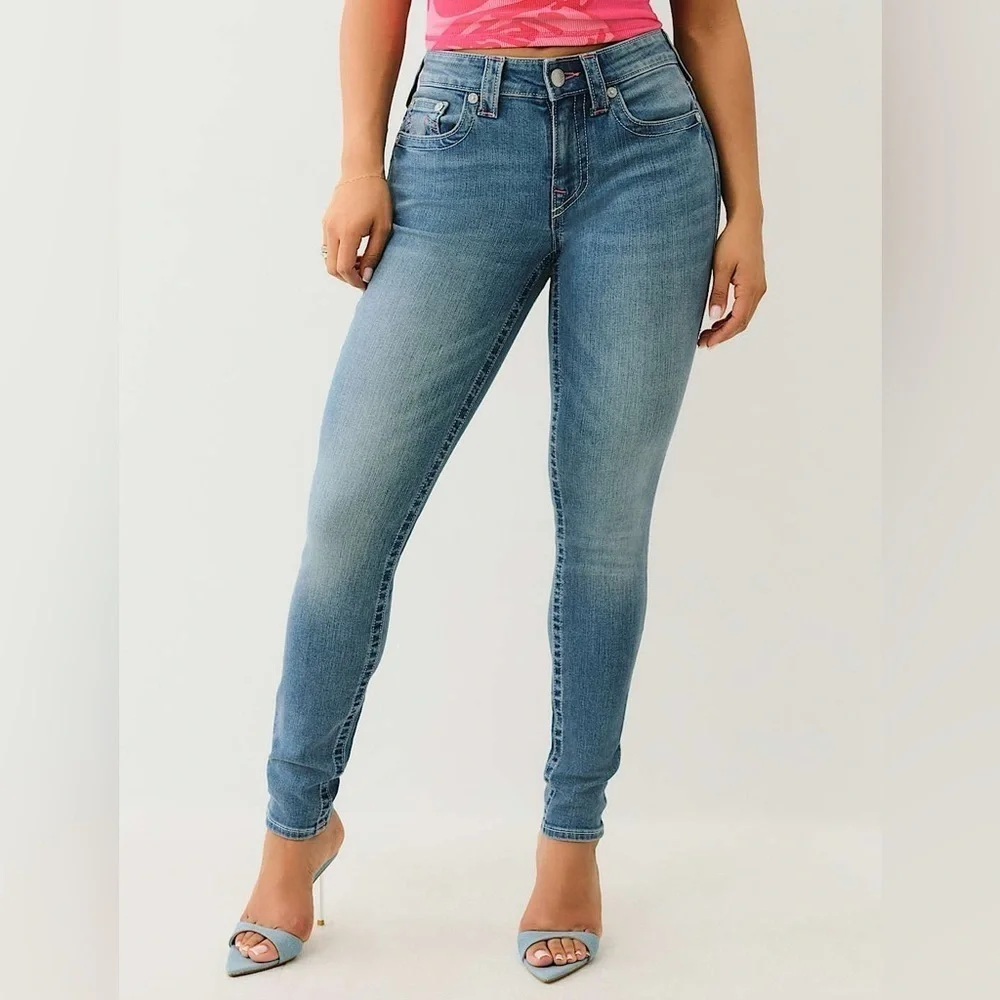 True Religion Jeans Jennie Curvy Mid Rise Super Skinny Embroidered Pockets 29